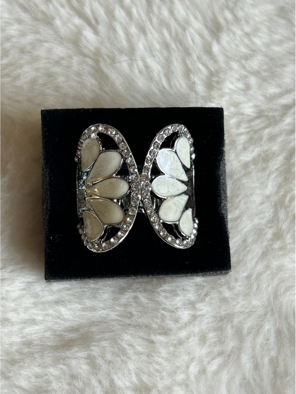 Vintage Silver Tone Butterfly Stretch Ring with Costume White Inlay Rhinestones